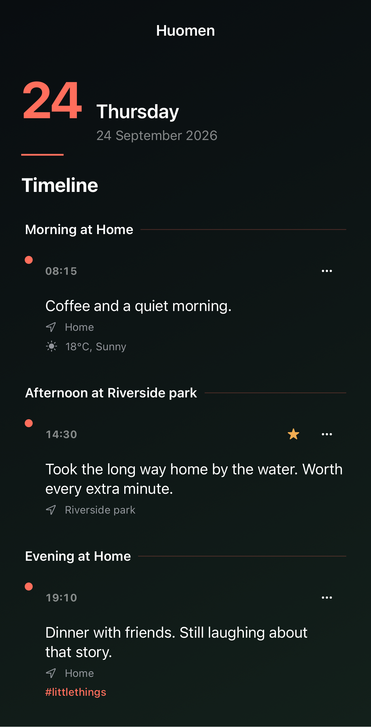Huomen timeline with fictional entries about morning coffee, a riverside walk, and dinner with friends